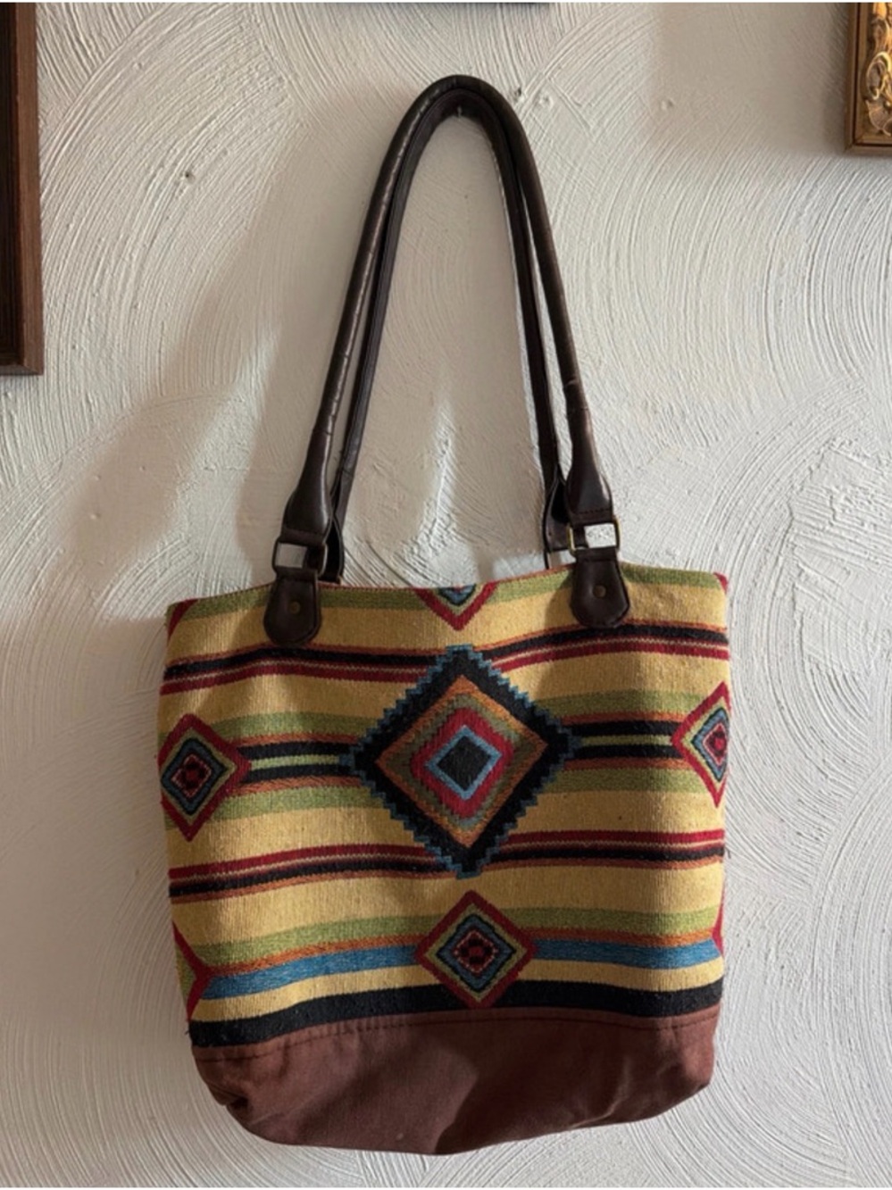Boho Aztec Pattern Canvas Tote Bag in Mustard and Brown